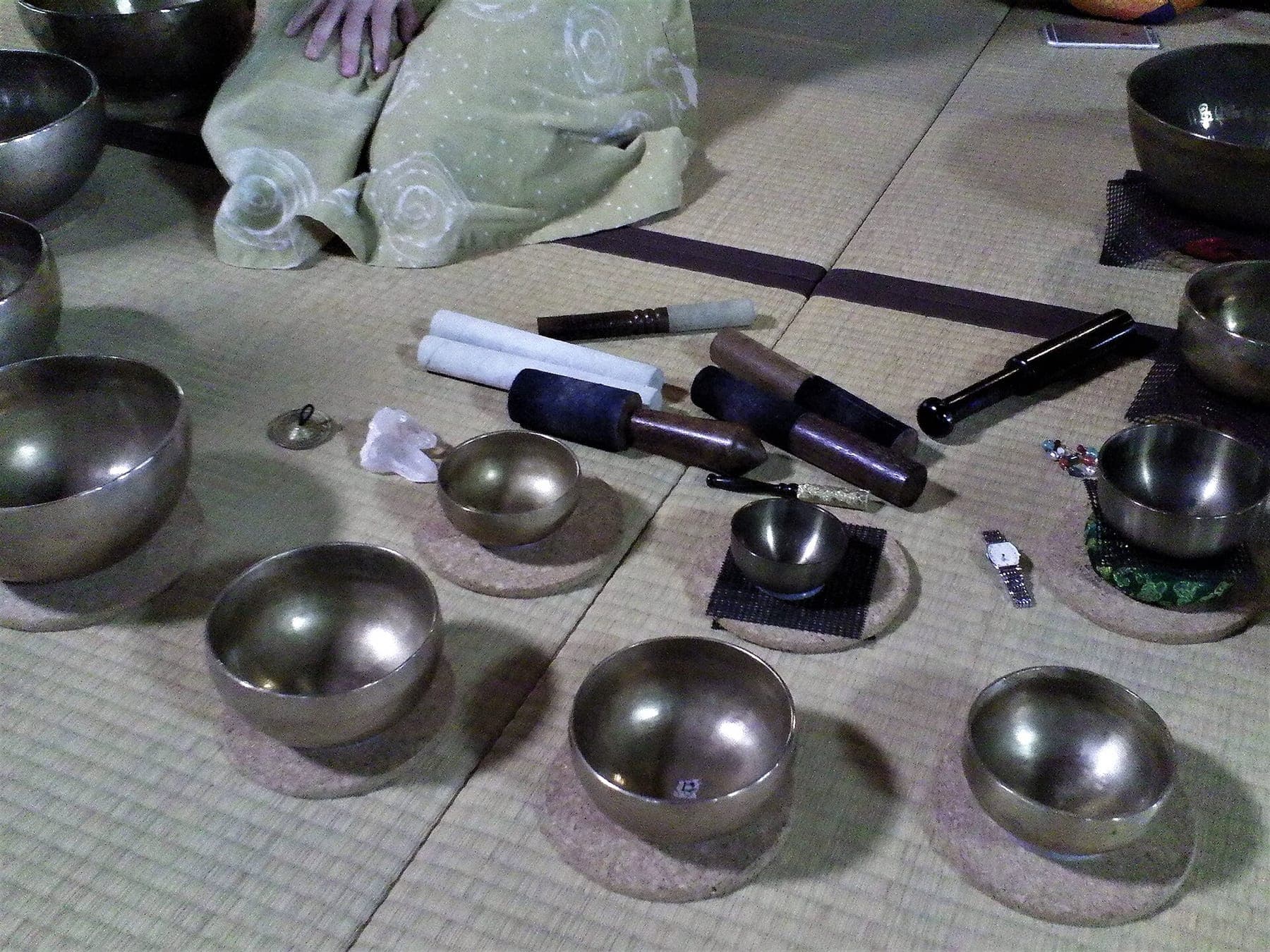 Tibetan singing bowls on tatami mat of Japanese Buddhist temple
